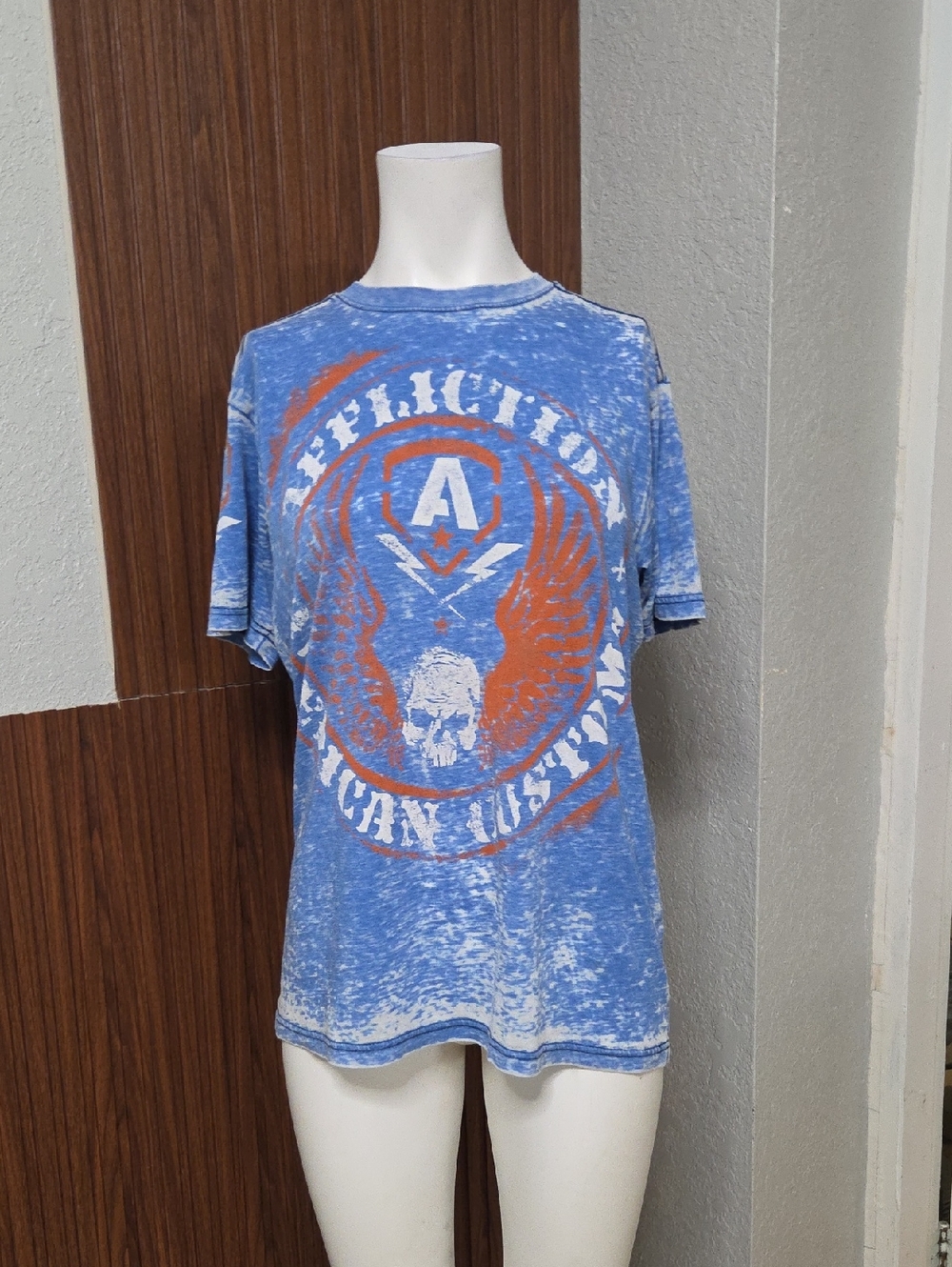 Affliction Distressed Blue Tee with Orange Graphic Small Sz [1691]